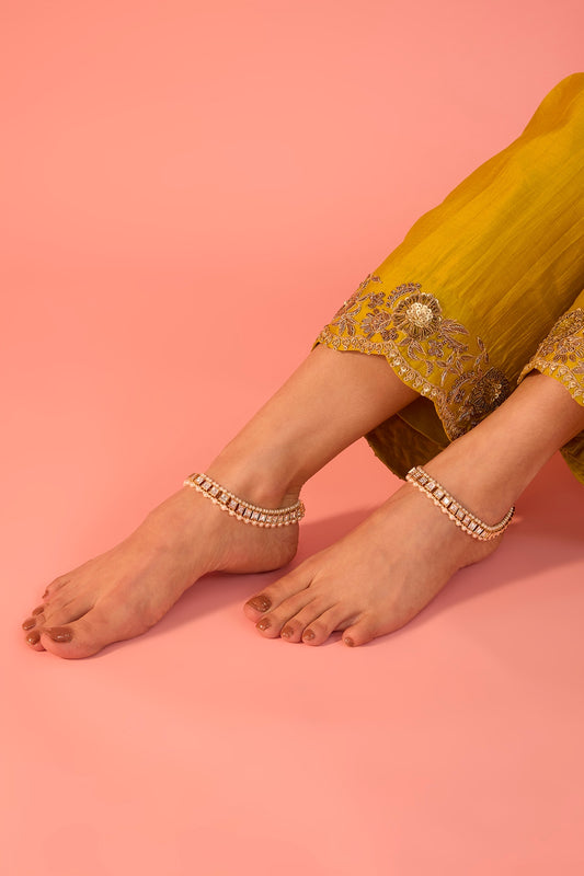 Gold Finish Kundan Polki Drop Anklets