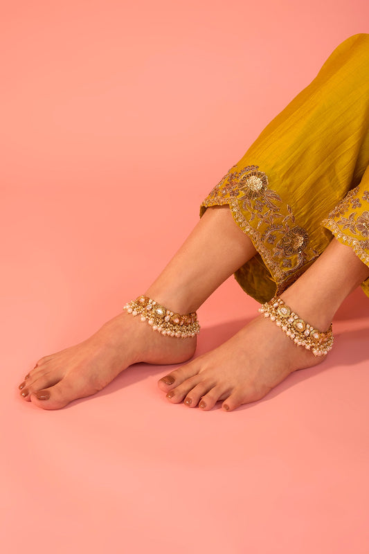 Gold Finish Kundan Polki & Pearl Drop Anklets