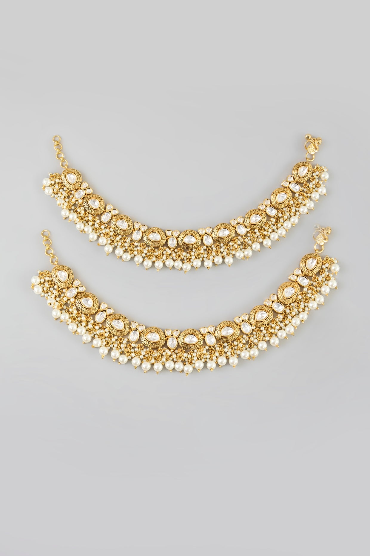 Gold Finish Kundan Polki & Pearl Drop Anklets