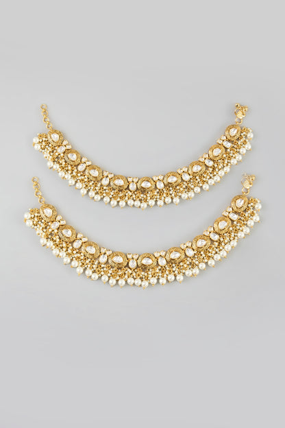 Gold Finish Kundan Polki & Pearl Drop Anklets