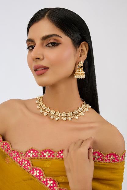 Gold Finish Kundan Polki & Pearl Necklace Set