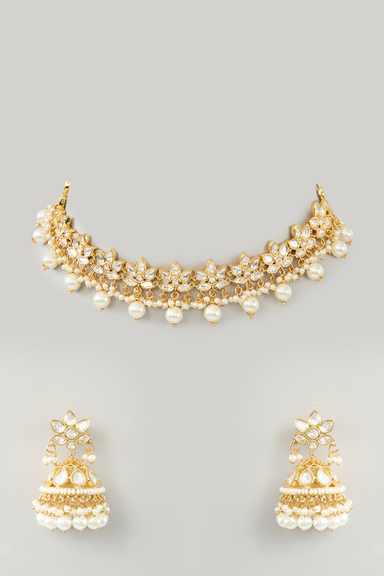 Gold Finish Kundan Polki & Pearl Necklace Set