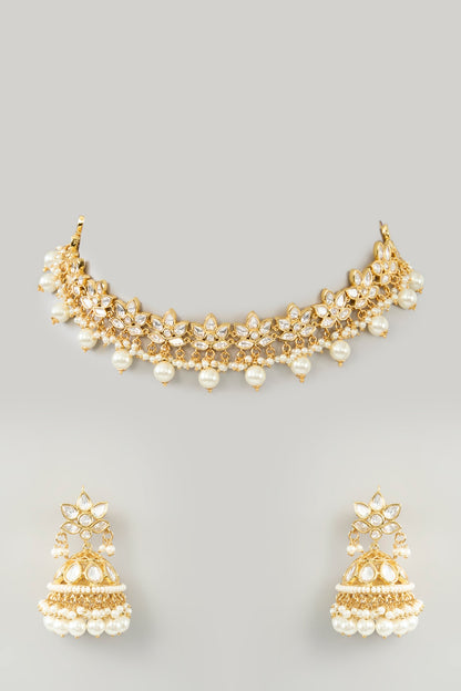 Gold Finish Kundan Polki & Pearl Necklace Set
