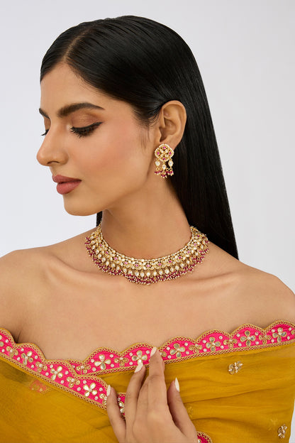 Gold Plated Kundan Polki & Pink Stone Necklace Set