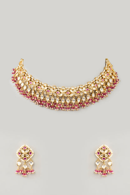 Gold Plated Kundan Polki & Pink Stone Necklace Set