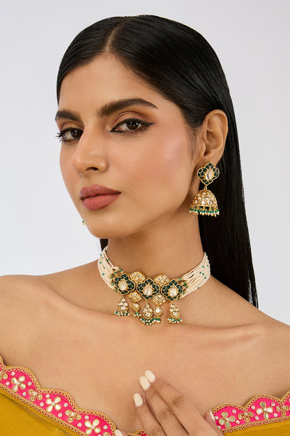 Gold Plated Kundan Polki & Pearl Choker Necklace Set