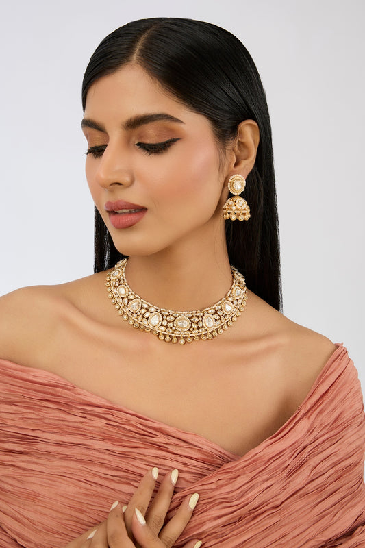 Gold Finish Kundan Polki Necklace Set