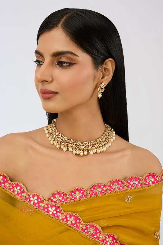 Gold Finish Kundan Polki & Pearl Necklace Set