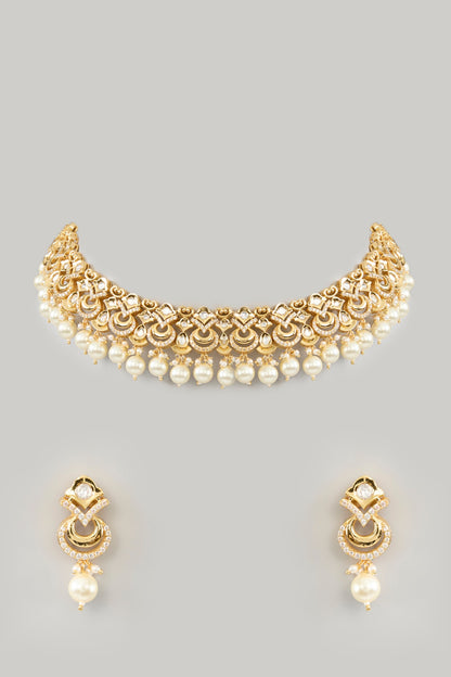 Gold Finish Kundan Polki & Pearl Necklace Set