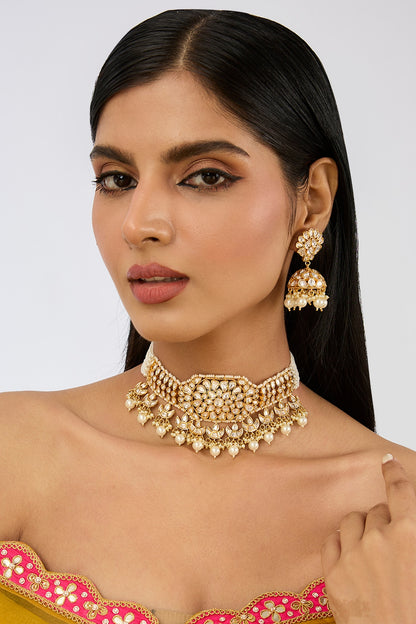 Gold Plated Kundan Polki & Pearl Choker Necklace Set
