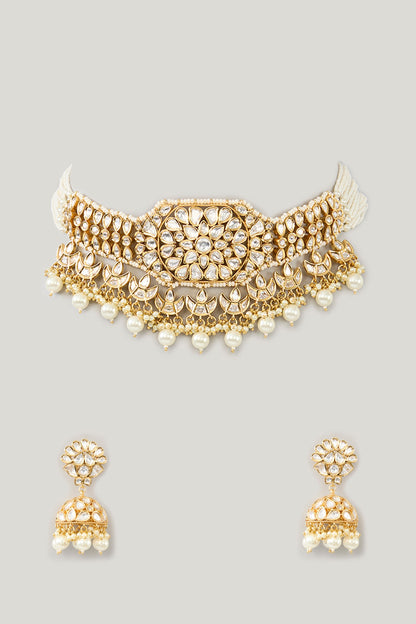 Gold Plated Kundan Polki & Pearl Choker Necklace Set