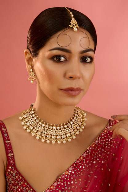 Gold Finish Kundan Polki & Pearl Drop Necklace Set