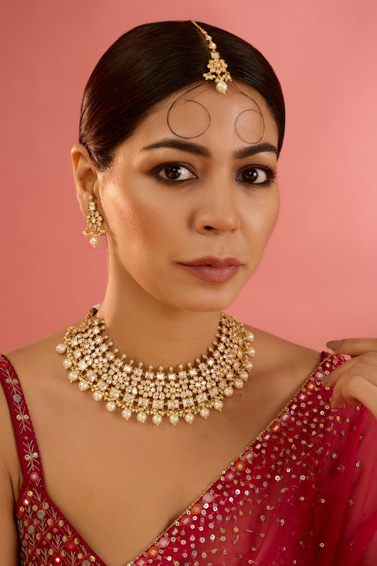 Gold Finish Kundan Polki & Pearl Drop Necklace Set
