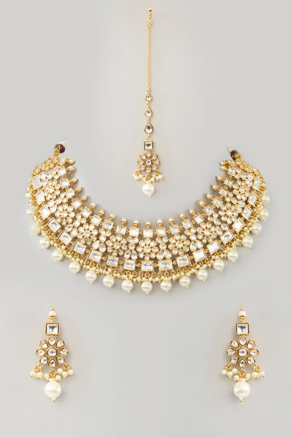 Gold Finish Kundan Polki & Pearl Drop Necklace Set