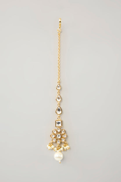 Gold Finish Kundan Polki & Pearl Drop Necklace Set