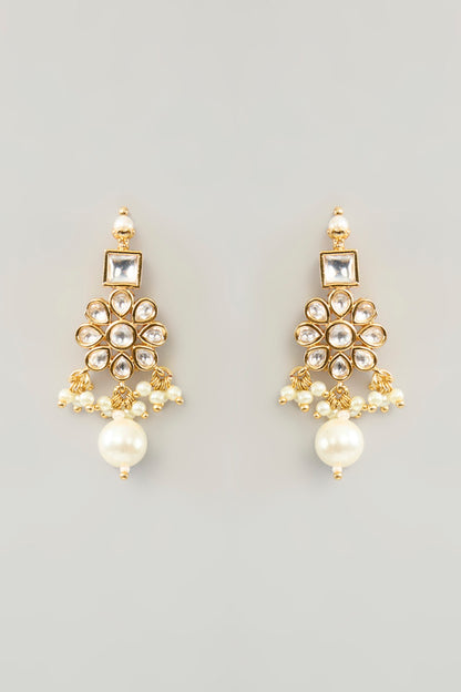 Gold Finish Kundan Polki & Pearl Drop Necklace Set