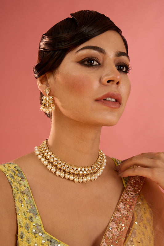 Gold Finish Kundan Polki & Pearl Choker Necklace Set