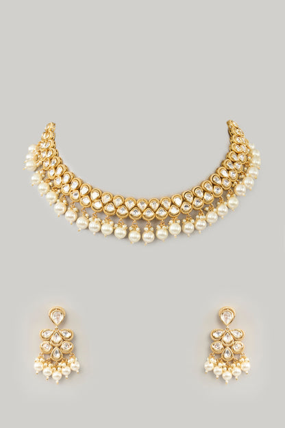 Gold Finish Kundan Polki & Pearl Choker Necklace Set