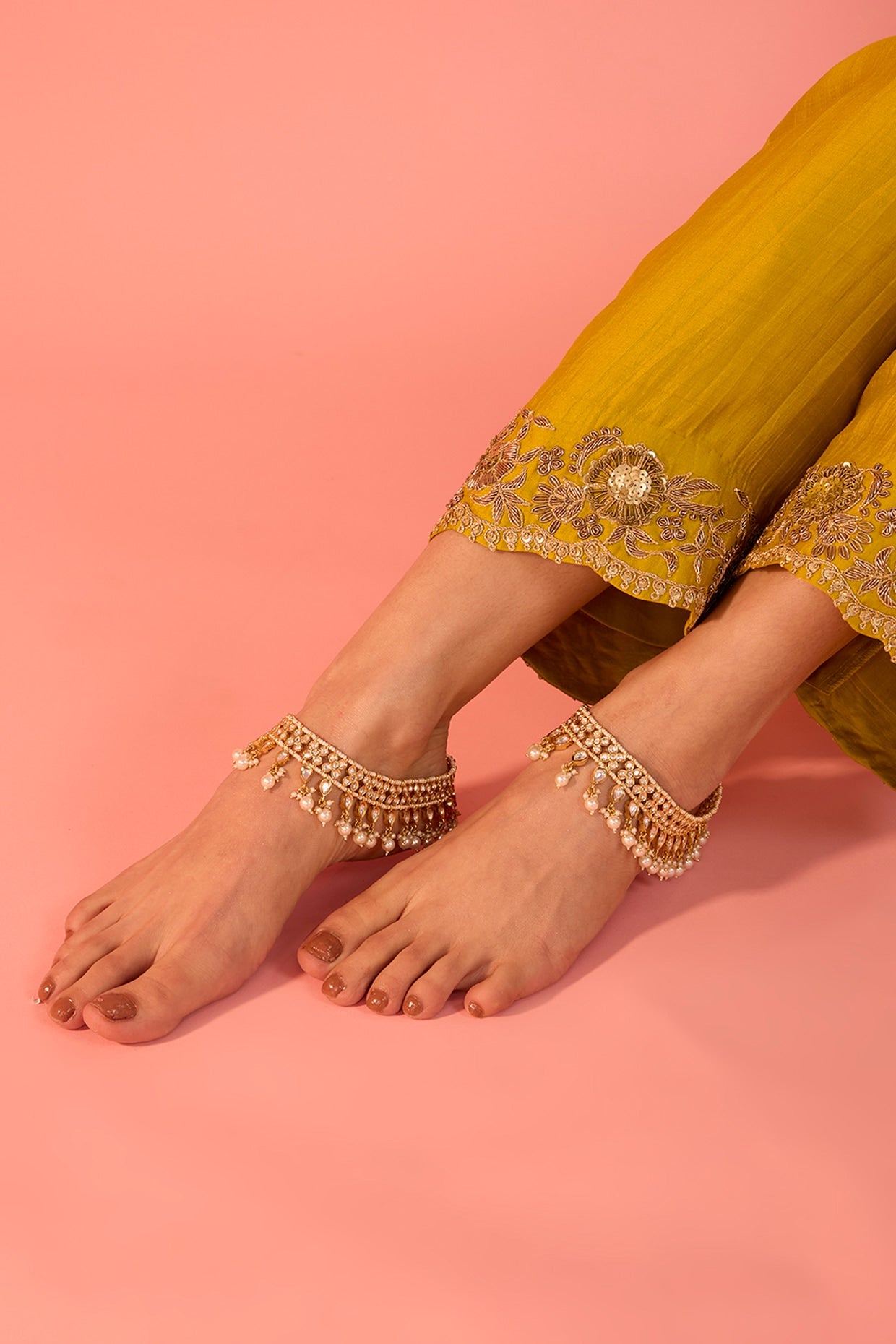 Gold Finish Kundan Polki & Pearl Drop Anklets