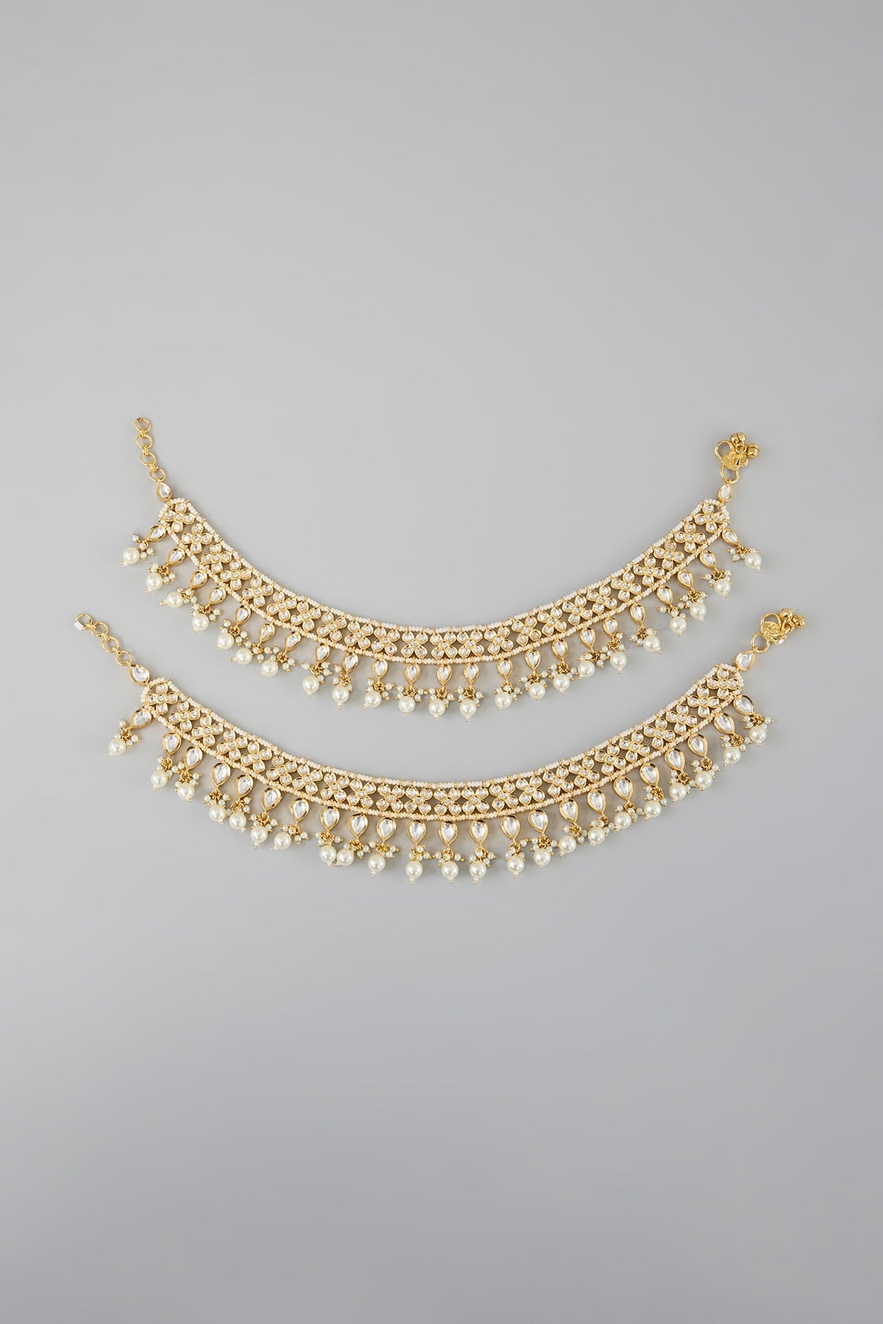 Gold Finish Kundan Polki & Pearl Drop Anklets