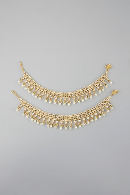 Gold Finish Kundan Polki & Pearl Drop Anklets