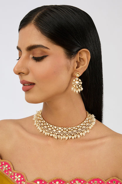 Gold Finish Kundan Polki & Pearl Necklace Set