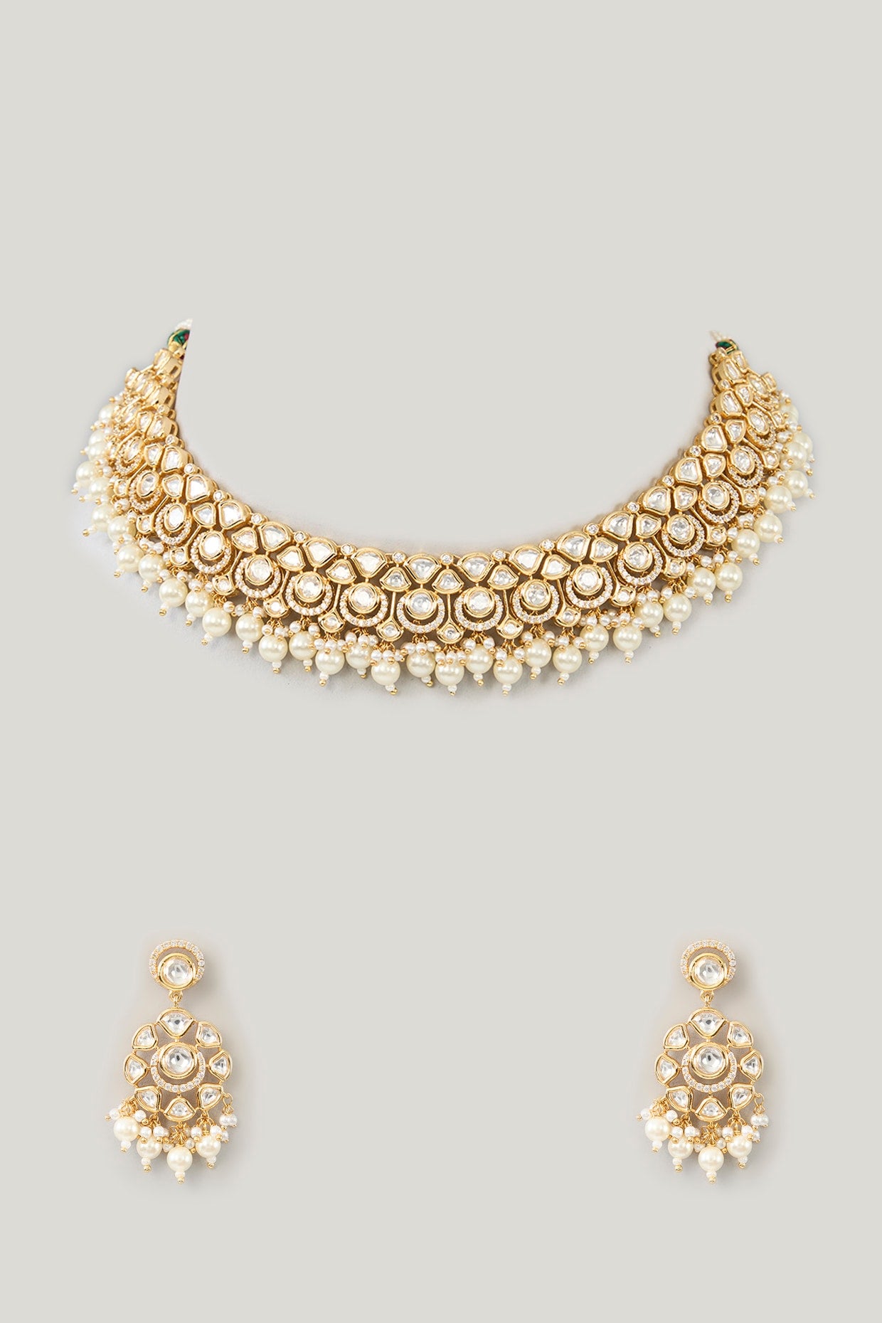 Gold Finish Kundan Polki & Pearl Necklace Set