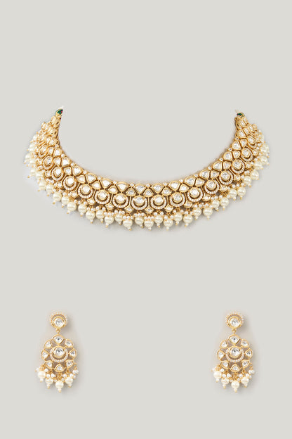 Gold Finish Kundan Polki & Pearl Necklace Set