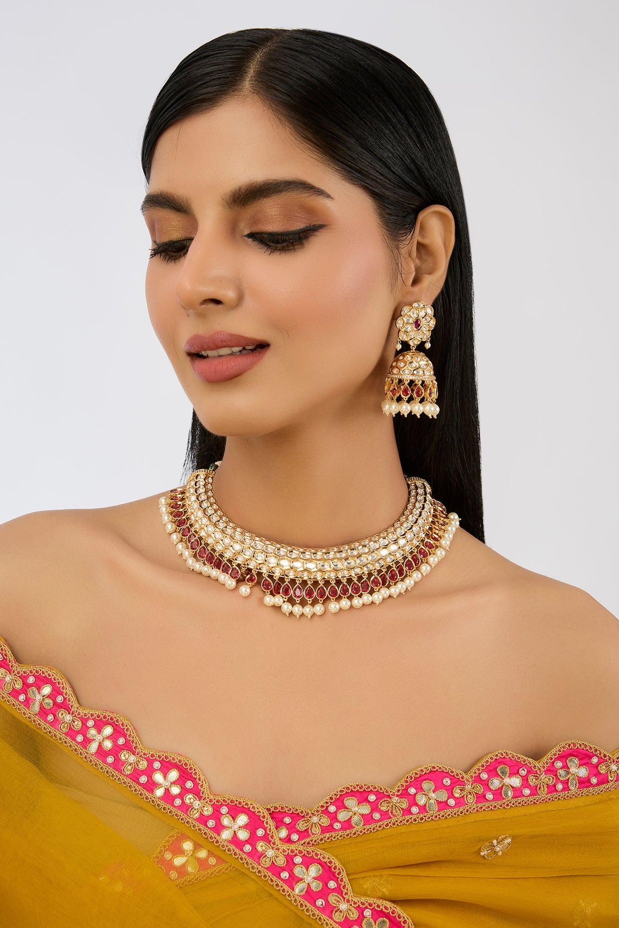 Gold Finish Kundan Polki & Red Stone Necklace Set