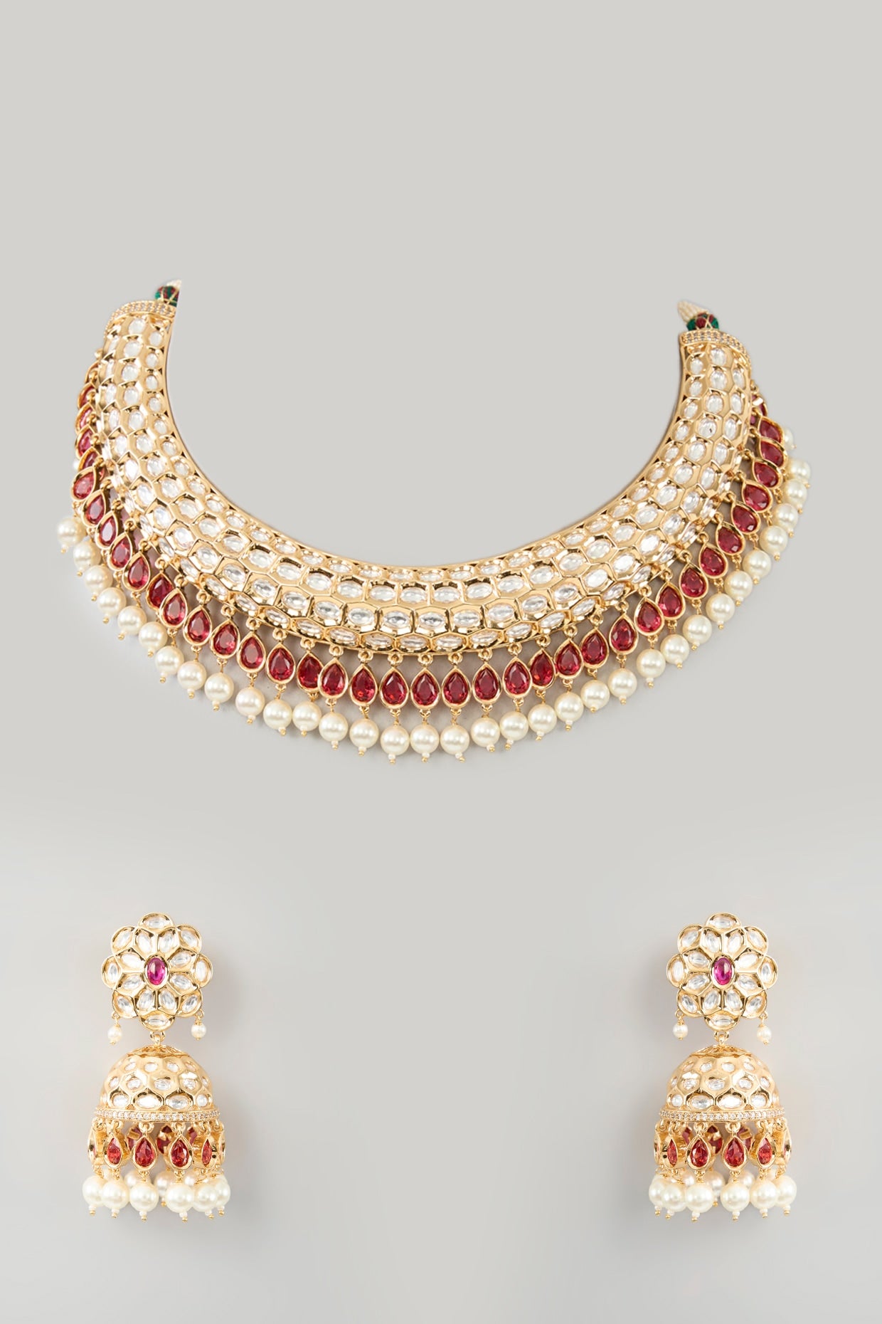 Gold Finish Kundan Polki & Red Stone Necklace Set