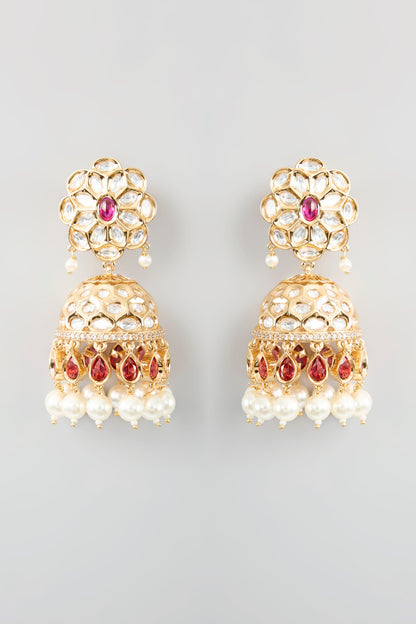 Gold Finish Kundan Polki & Red Stone Necklace Set