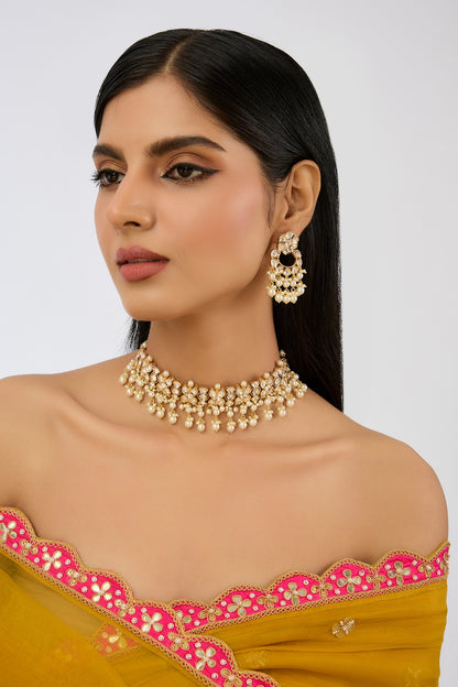 Gold Finish Kundan Polki & Pearl Choker Necklace Set