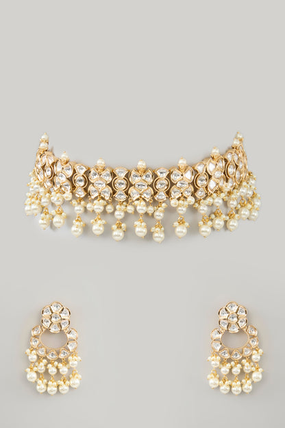 Gold Finish Kundan Polki & Pearl Choker Necklace Set