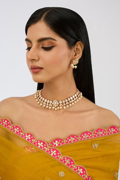 Gold Finish Kundan Polki & Pearl Choker Necklace Set