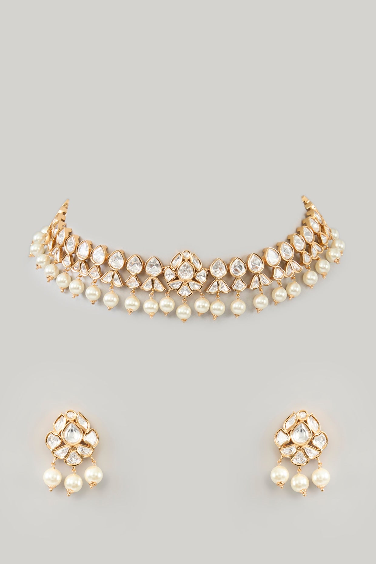 Gold Finish Kundan Polki & Pearl Choker Necklace Set