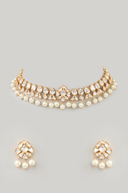 Gold Finish Kundan Polki & Pearl Choker Necklace Set