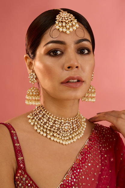 Gold Finish Kundan Polki & Pearl Drop Necklace Set