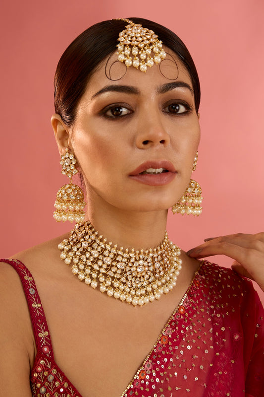 Gold Finish Kundan Polki & Pearl Drop Necklace Set