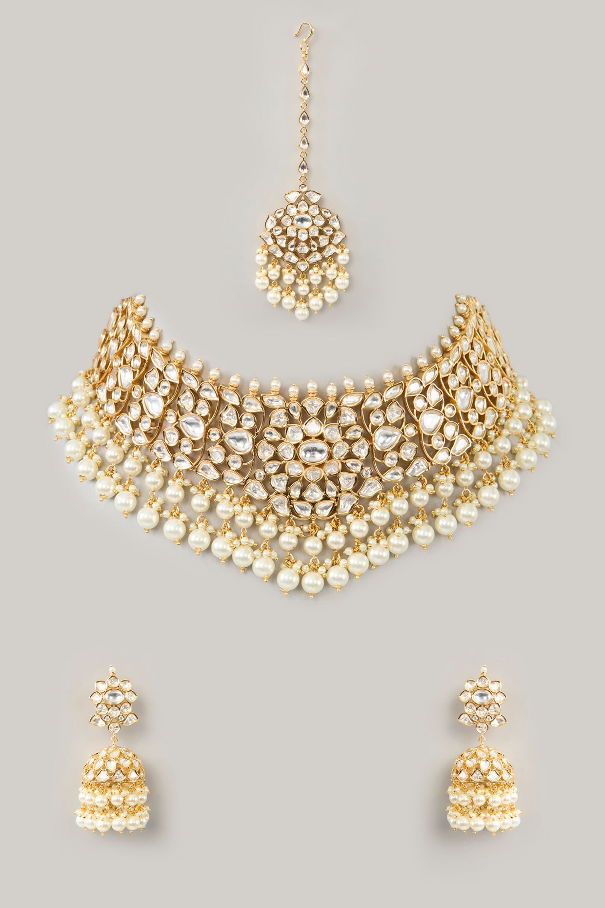 Gold Finish Kundan Polki & Pearl Drop Necklace Set