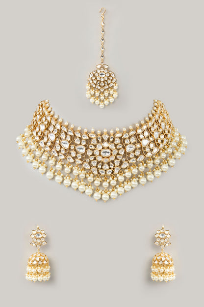 Gold Finish Kundan Polki & Pearl Drop Necklace Set