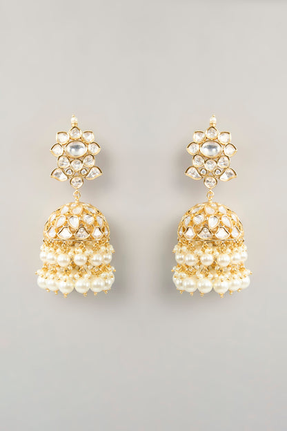 Gold Finish Kundan Polki & Pearl Drop Necklace Set