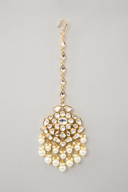 Gold Finish Kundan Polki & Pearl Drop Necklace Set