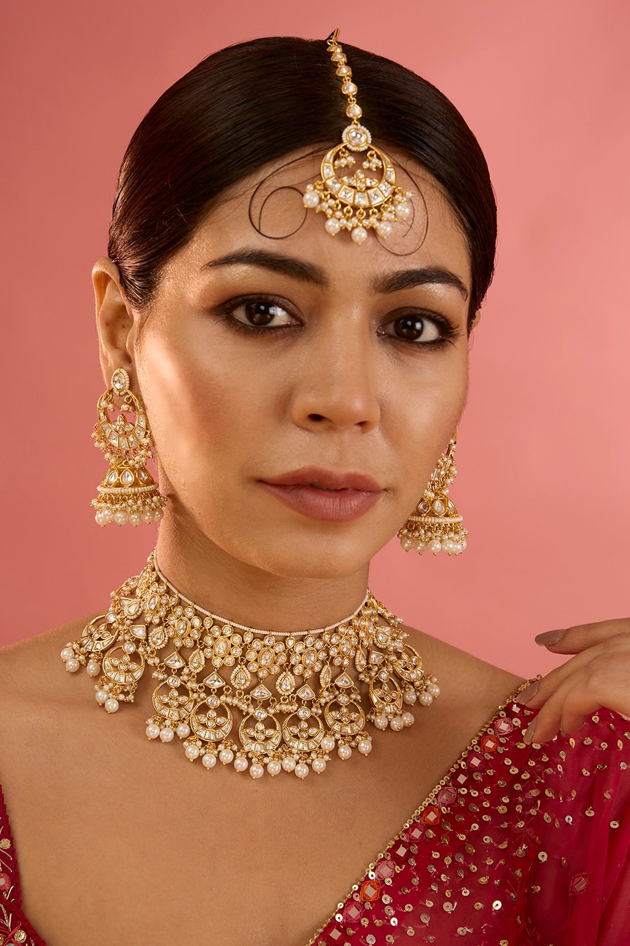 Gold Finish Kundan Polki & Pearl Drop Necklace Set