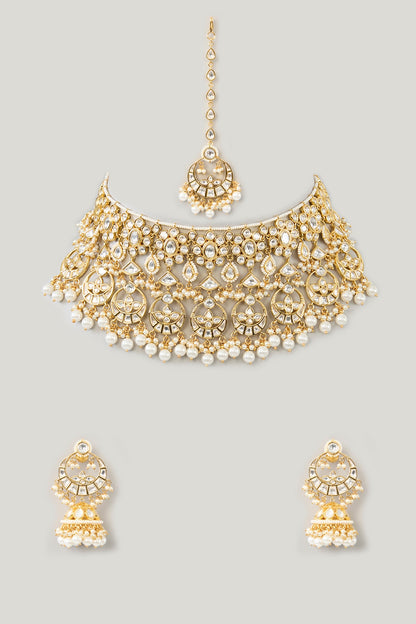 Gold Finish Kundan Polki & Pearl Drop Necklace Set