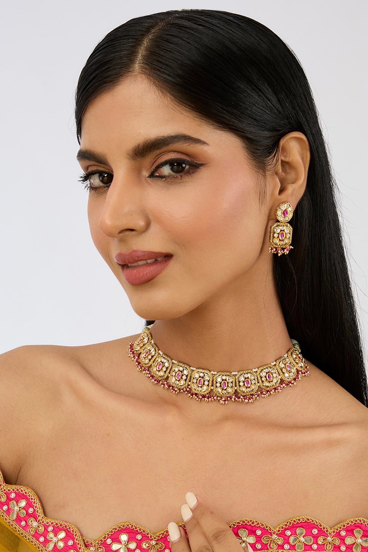 Gold Plated Kundan Polki & Pink Stone Choker Necklace Set