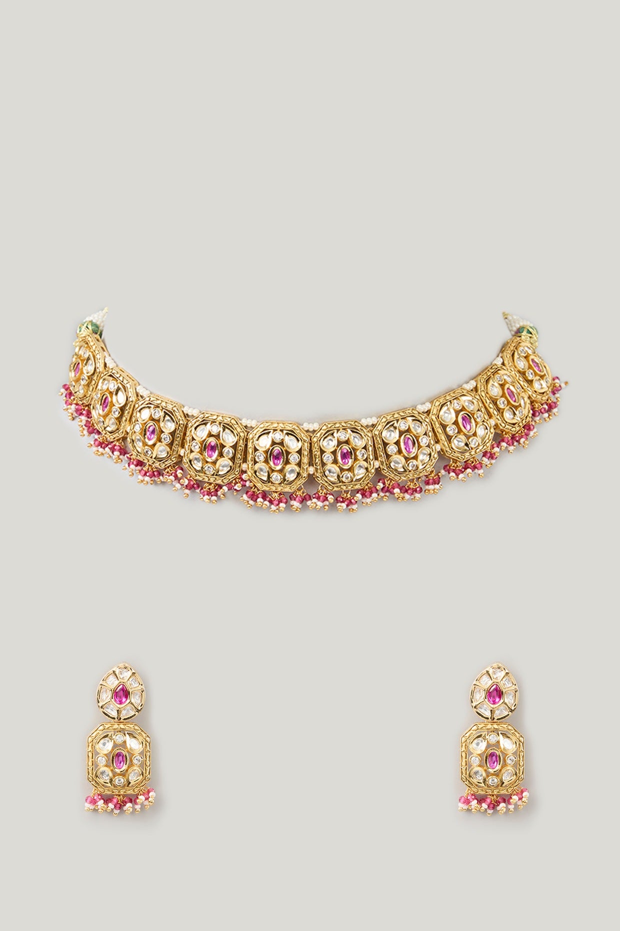 Gold Plated Kundan Polki & Pink Stone Choker Necklace Set