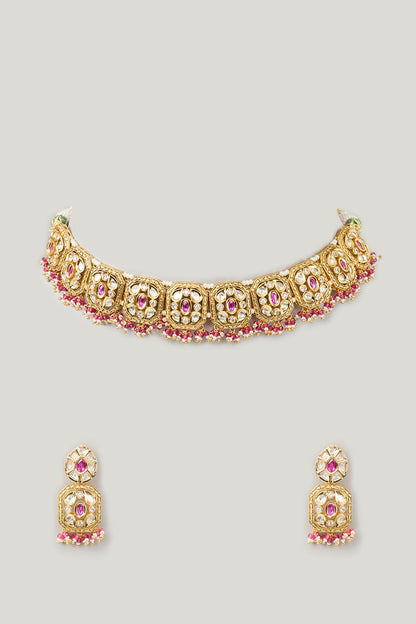 Gold Plated Kundan Polki & Pink Stone Choker Necklace Set