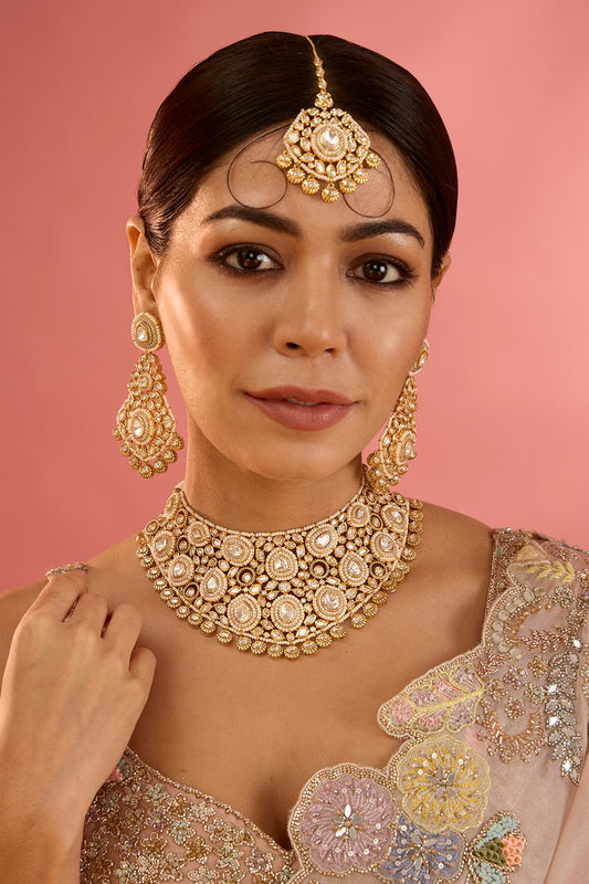 Gold Finish Kundan Polki Necklace Set
