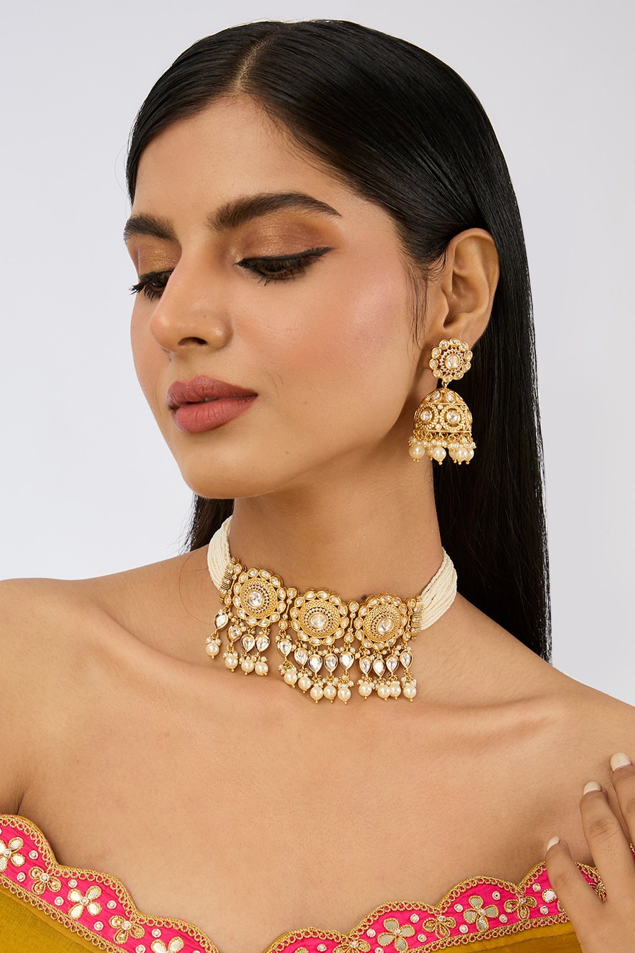 Gold Plated Kundan Polki & Pearl Choker Necklace Set