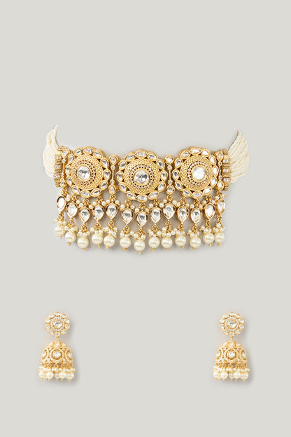 Gold Plated Kundan Polki & Pearl Choker Necklace Set